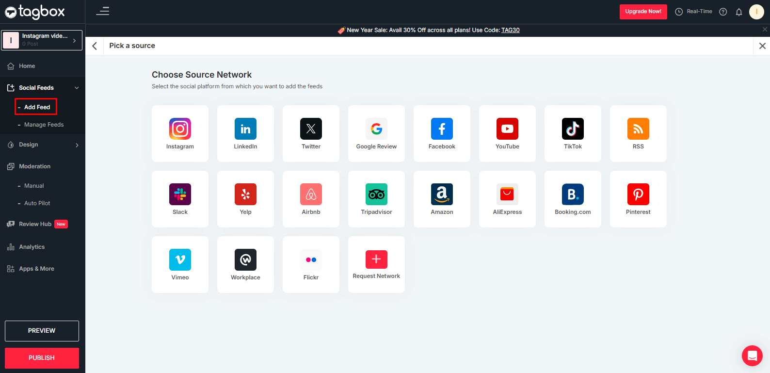 Haga clic en Agregar feed para agregar el feed de Instagram.