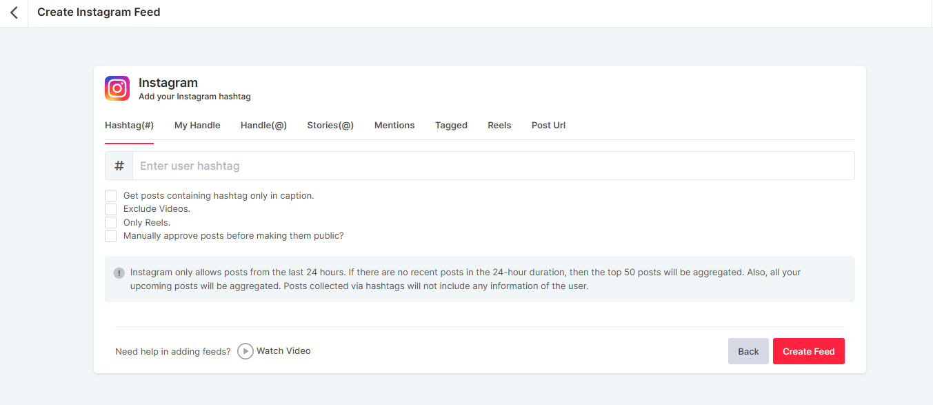 Seleccione el tipo de conexión y haga clic en Crear feed.