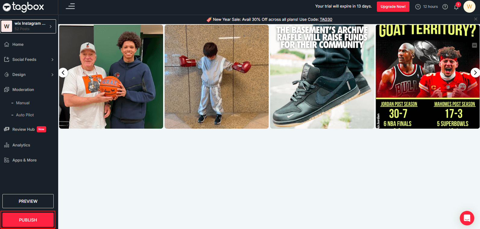 Botón de publicación para el feed de Instagram de Wix