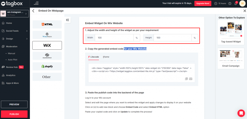 Agregar feed en wix ajusta el ancho y la altura del widget