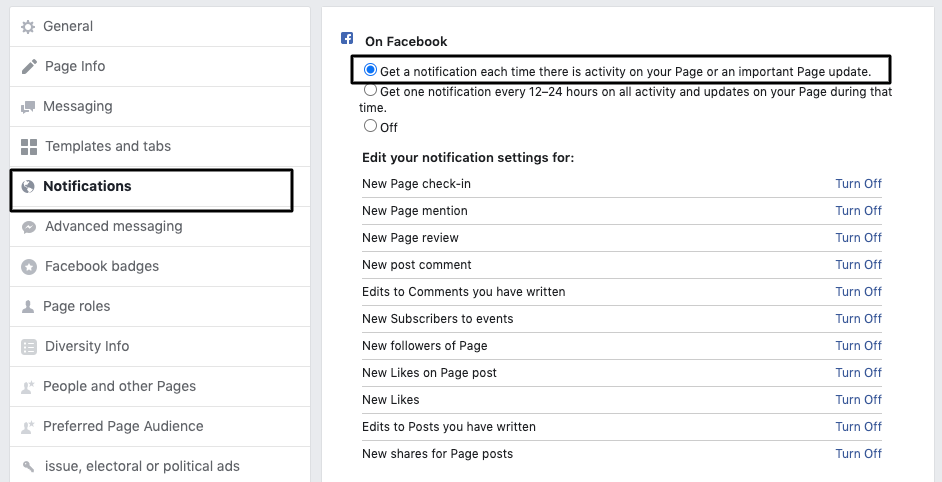 Turn on Facebook reviews notifications