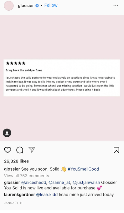Glossier—Instagram testimonial advertentie: