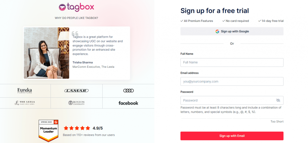 crea il tuo account Taggbox
