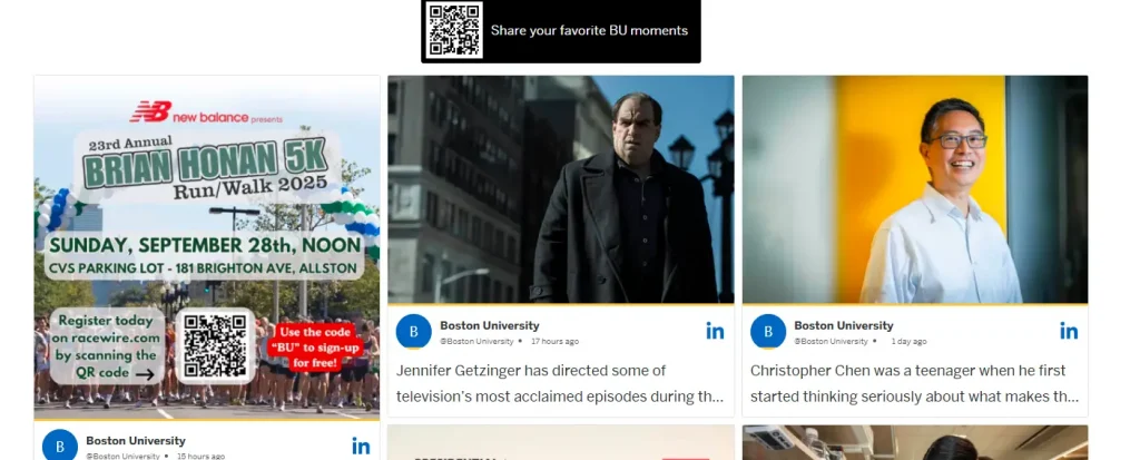 Social Feed der Boston University auf der Website