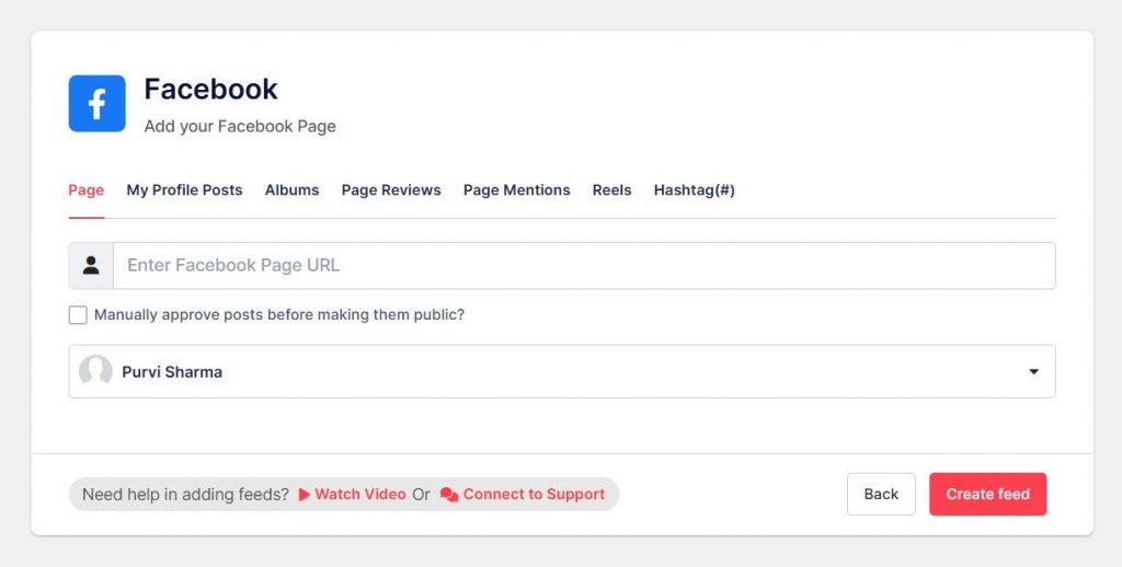 tipo di connessione per aggiungere un feed di Facebook