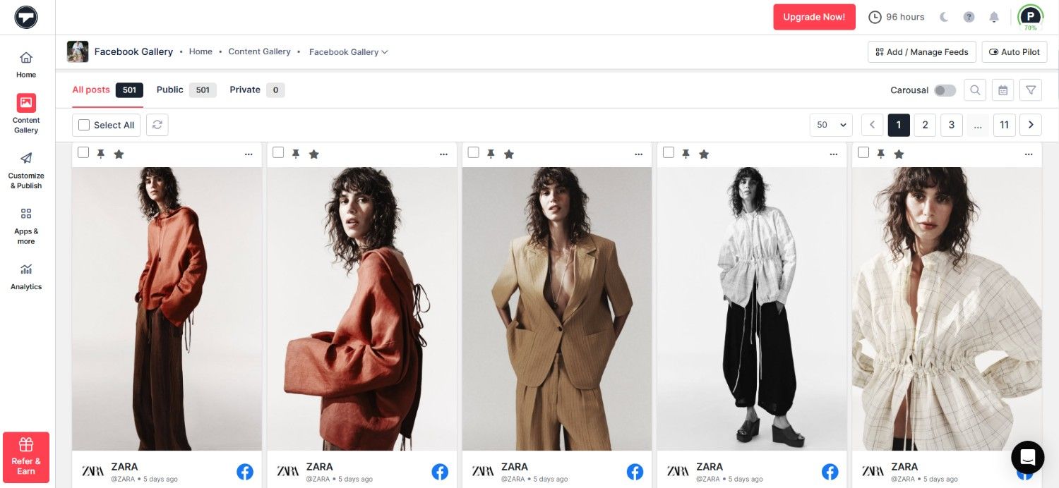 galleria di contenuti di Facebook
