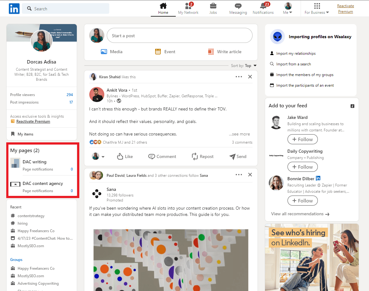 Abschnitt „Meine Seiten“ LinkedIn