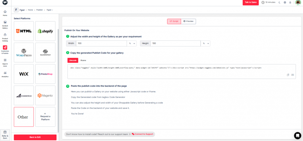 copy and embed code on Shopware Website